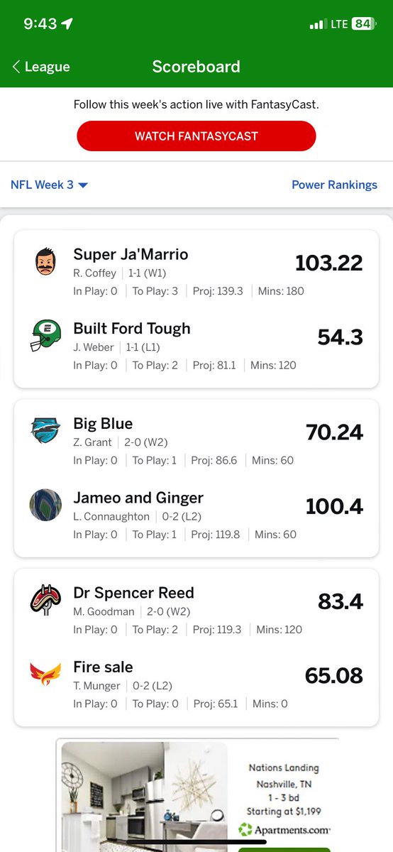 chair28827's tweet photo. As we look forward to MNF tonight it looks like the Blue Chair games are all but decided already so let’s take a peek at the week 3 scoreboard after yesterdays action! https://t.co/2mSuZ7plXF