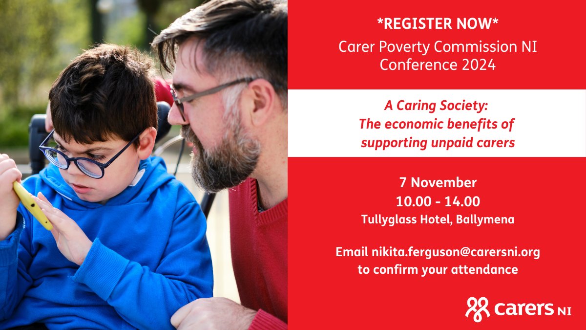 CarersNI's tweet photo. On 7 Nov Carers NI will host the 2nd Carer Poverty Commission Conference,‘ A Caring Society: The Economic Benefits of Supporting Unpaid Carers’.

Join us to hear from an expert panel on why supporting unpaid carers with key policy changes is a win, win for society. https://t.co/TS4Vg3Id9b