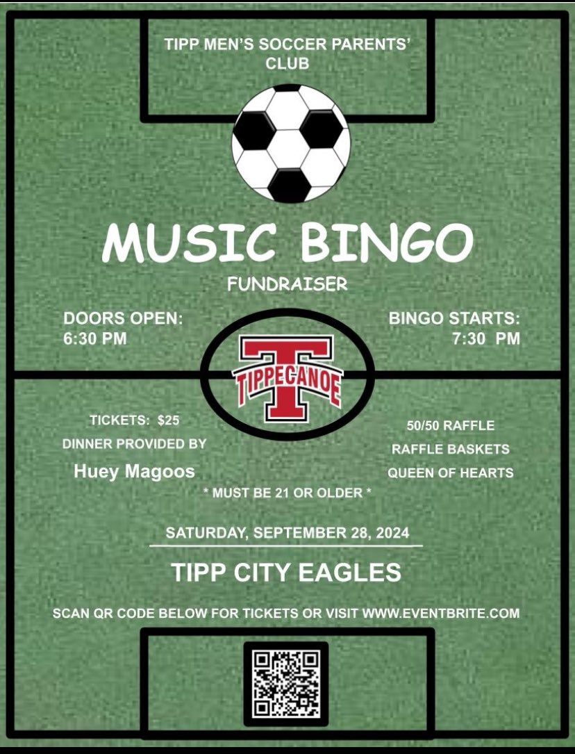 Another week with just one game as we take on Piqua tomorrow on the road!

But we finish the week with a BOOM! Our fundraiser is THIS SATURDAY at the eagles! Hope to see you there! 

eventbrite.com/e/music-bingo-…