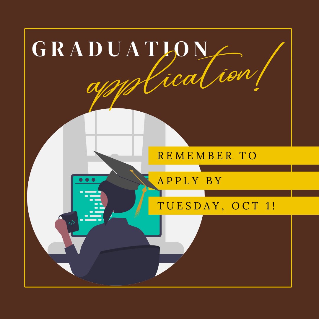 Complacademics's tweet photo. SPRING 2025 GRADS! Remember to apply for graduation by next Tuesday, Oct 1. You NEED to contact your major advisor to receive approval before you can apply.

*Note: This is a HARD DEADLINE! If you miss the deadline, you will need to apply for the following semester. https://t.co/NMqzoKk8cv