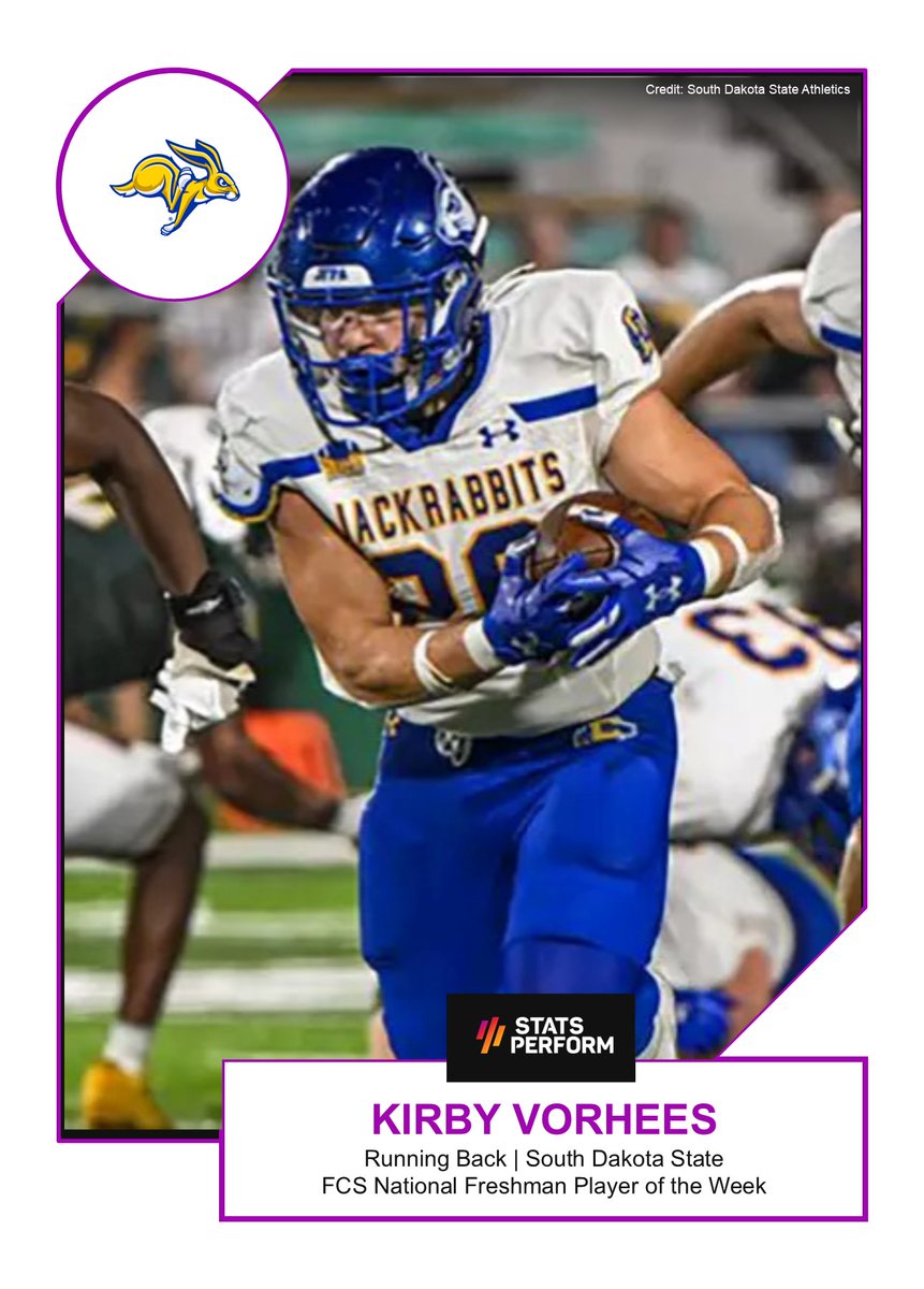 Stats Perform FCS National Freshman Player of the Week    

Congratulations to South Dakota State RB Kirby Vorhees

Story: theanalyst.com/na/2024/09/sta…