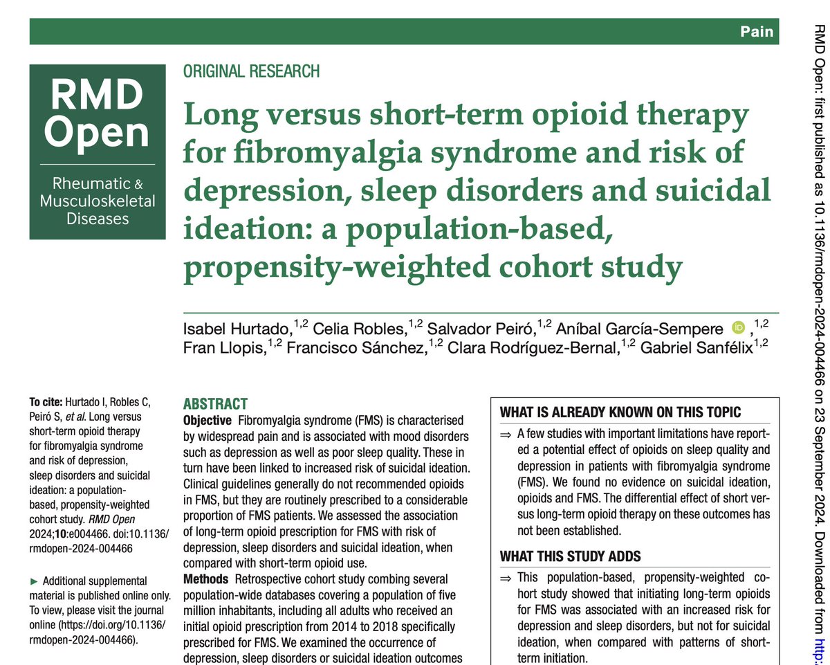 Initiating long- term opioids for fibromyalgia was associated with an increased risk for depression and sleep disorders, but not for suicidal ideation (compared with short- term initiation).

rmdopen.bmj.com/content/rmdope…