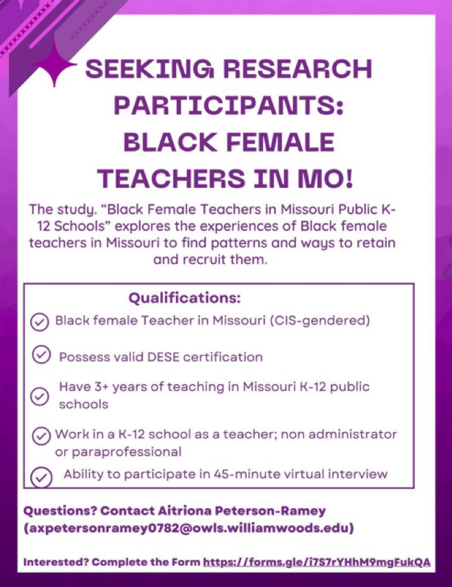 Friends please repost to help my Doc student secure participants for her study.