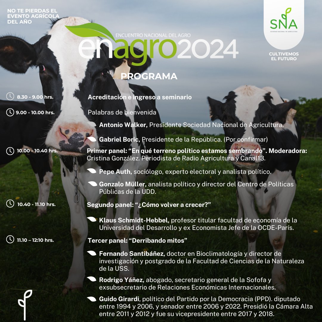 SNA_Chile's tweet image. ¡No te pierdas #Enagro2024! 🌾 El miércoles 16 de octubre en Metropolitan Santiago, exploraremos el futuro agrícola ¡Derribaremos mitos y analizaremos el crecimiento y la política! Reserva tu lugar en eventrid.cl/eventos/sna/en… y sé parte de la conversación 👩‍🌾👨‍🌾