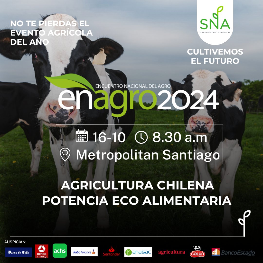 SNA_Chile's tweet image. ¡No te pierdas #Enagro2024! 🌾 El miércoles 16 de octubre en Metropolitan Santiago, exploraremos el futuro agrícola ¡Derribaremos mitos y analizaremos el crecimiento y la política! Reserva tu lugar en eventrid.cl/eventos/sna/en… y sé parte de la conversación 👩‍🌾👨‍🌾