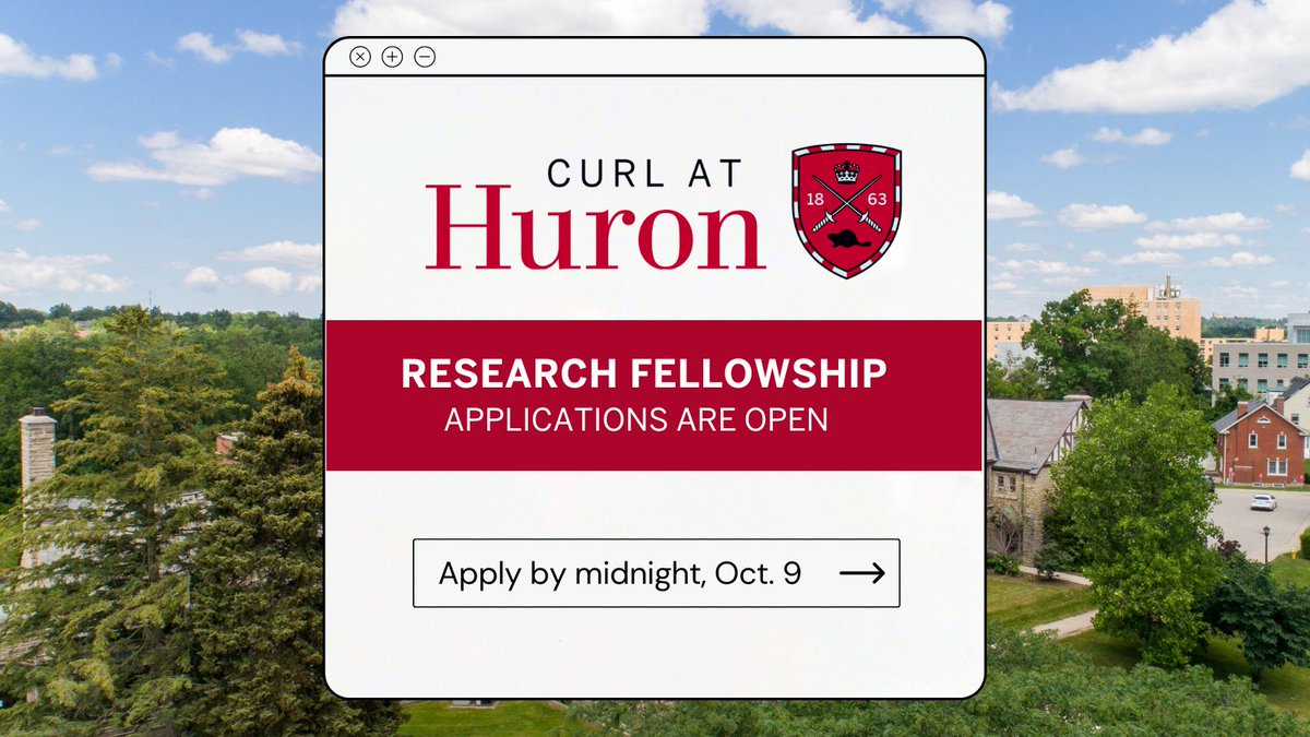 It's that time, Huron: CURL Fellowship applications are OPEN until October 4! 

 With 1:1 mentorship and $1500 in funding, you can develop a research project unique to you! Will you write a paper? Make a website? Lead a community event? 

Learn more: huronresearch.ca/curl/awards/fe…