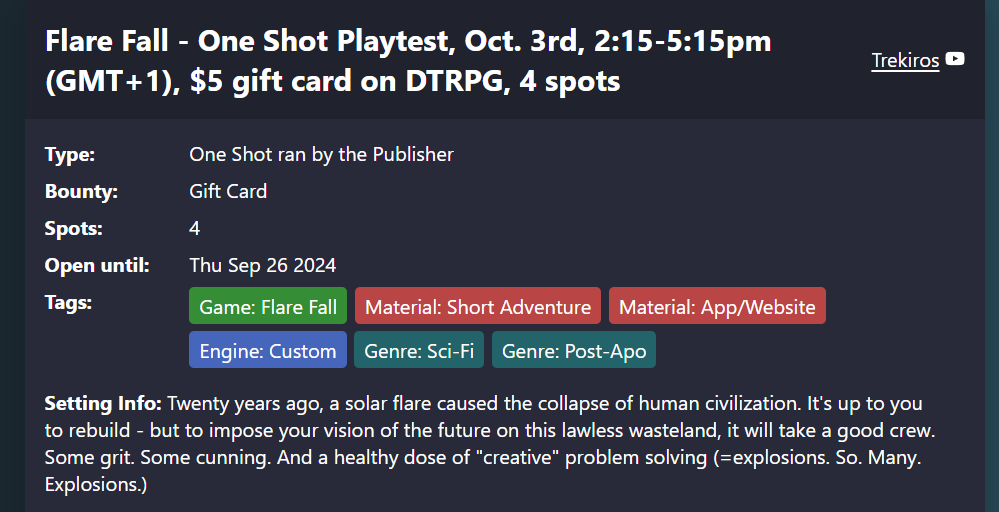 Just posted a playtest offer for my game Flare Fall over on QuestCheck!
Come on over if the time zone's good for you!