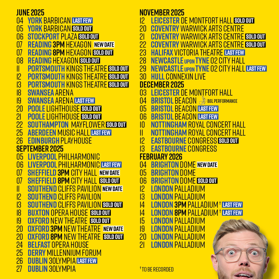 🚨EXTRA DATES ADDED🚨

We've added some extra shows to Rob Beckett: GIRAFFE! For the early birds among you, some of the extra dates are 3pm matinees!

For full list of dates and tickets head to Rob's site!
🎟️robbeckettcomedy.com/gigs