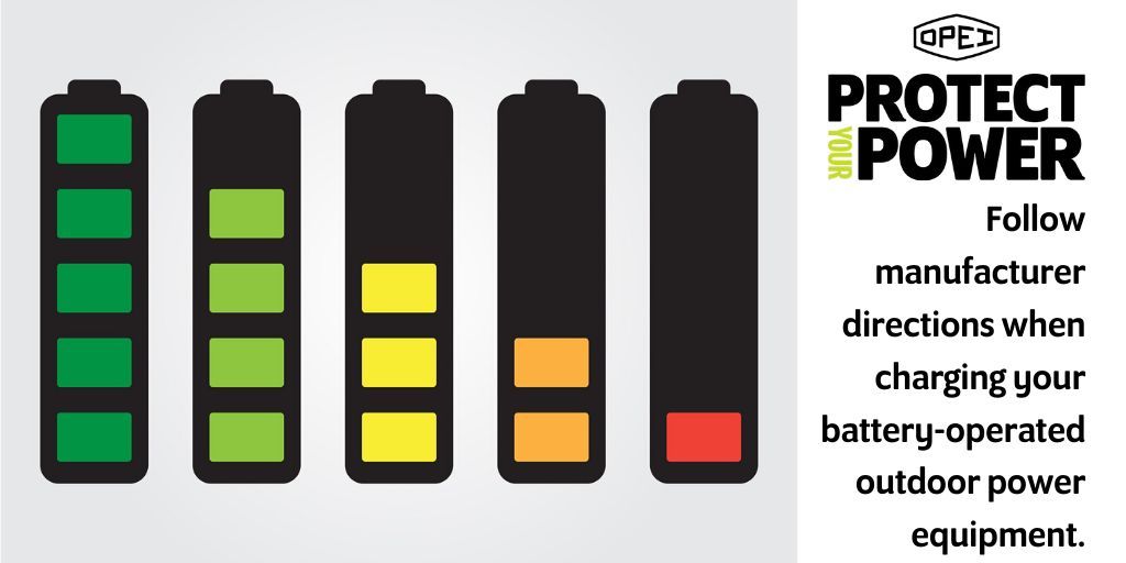 OPEInstitute's tweet image. Follow manufacturer directions when charging your battery-operated outdoor power equipment. #lawnmower #stringtrimmer #powerwasher #outdoorpowerequipment #battery #ProtectYourPower