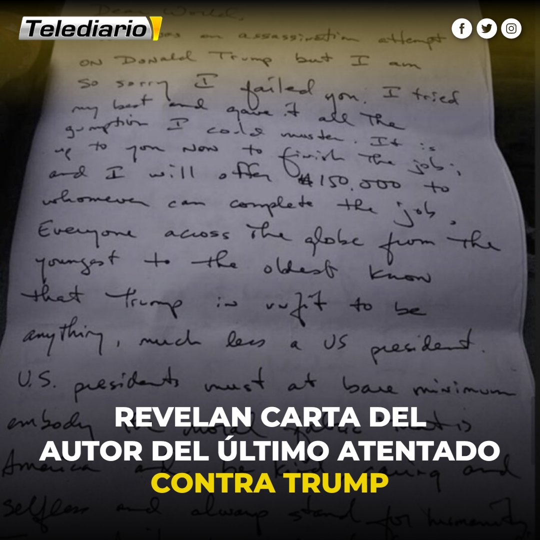 TelediarioGT's tweet photo. 🚨 Revelan carta de #RyanWesleyRouth, autor del último #atentado contra #Trump ➡ https://t.co/IhSeLG5keA https://t.co/ffUn8aYgl8