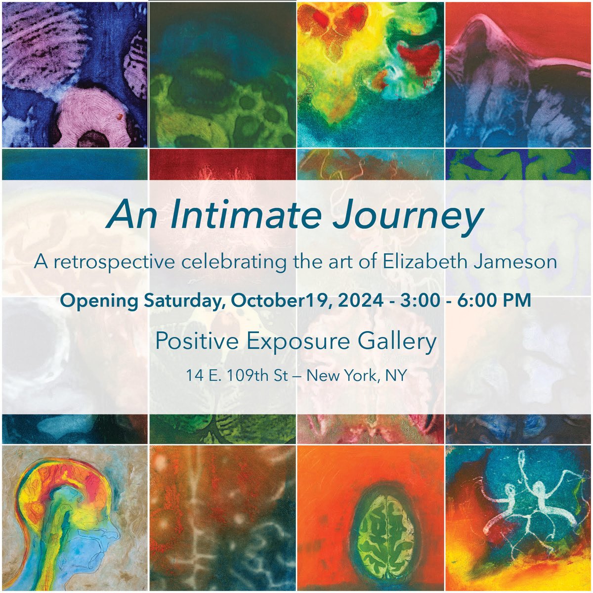 HealthStoryCo's tweet photo. Celebrate the art of Elizabeth James at the retrospective exhibition "An Intimate Journey" at Positive Exposure Gallery in NYC. Opening night is Oct. 19, from 3-6 p.m. Register at the link in our bio #HealingStories #ArtEvents #NYCGalleries https://t.co/pfSddtmin8 https://t.co/9rDIPQuygj