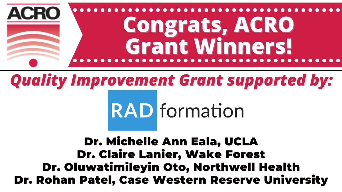 ACRO - American College of Radiation Oncology (@acroradonc) on Twitter photo We're excited to announce the winners of the <a href="/ACROresident/">ACROresident</a> Quality Improvement Grant supported by <a href="/Radformation/">Radformation</a>: Congratulations to <a href="/MichelleEalaMD/">Michelle Ann B. Eala, MD 🇵🇭</a>, <a href="/Laniercm/">Claire M Lanier (she/her)</a>, Oluwatimileyin Ojo, & <a href="/RohanPatelMD/">Rohan Patel, MD, MPH</a>! We're excited to announce the winners of the <a href="/ACROresident/">ACROresident</a> Quality Improvement Grant supported by <a href="/Radformation/">Radformation</a>: Congratulations to <a href="/MichelleEalaMD/">Michelle Ann B. Eala, MD 🇵🇭</a>, <a href="/Laniercm/">Claire M Lanier (she/her)</a>, Oluwatimileyin Ojo, & <a href="/RohanPatelMD/">Rohan Patel, MD, MPH</a>!