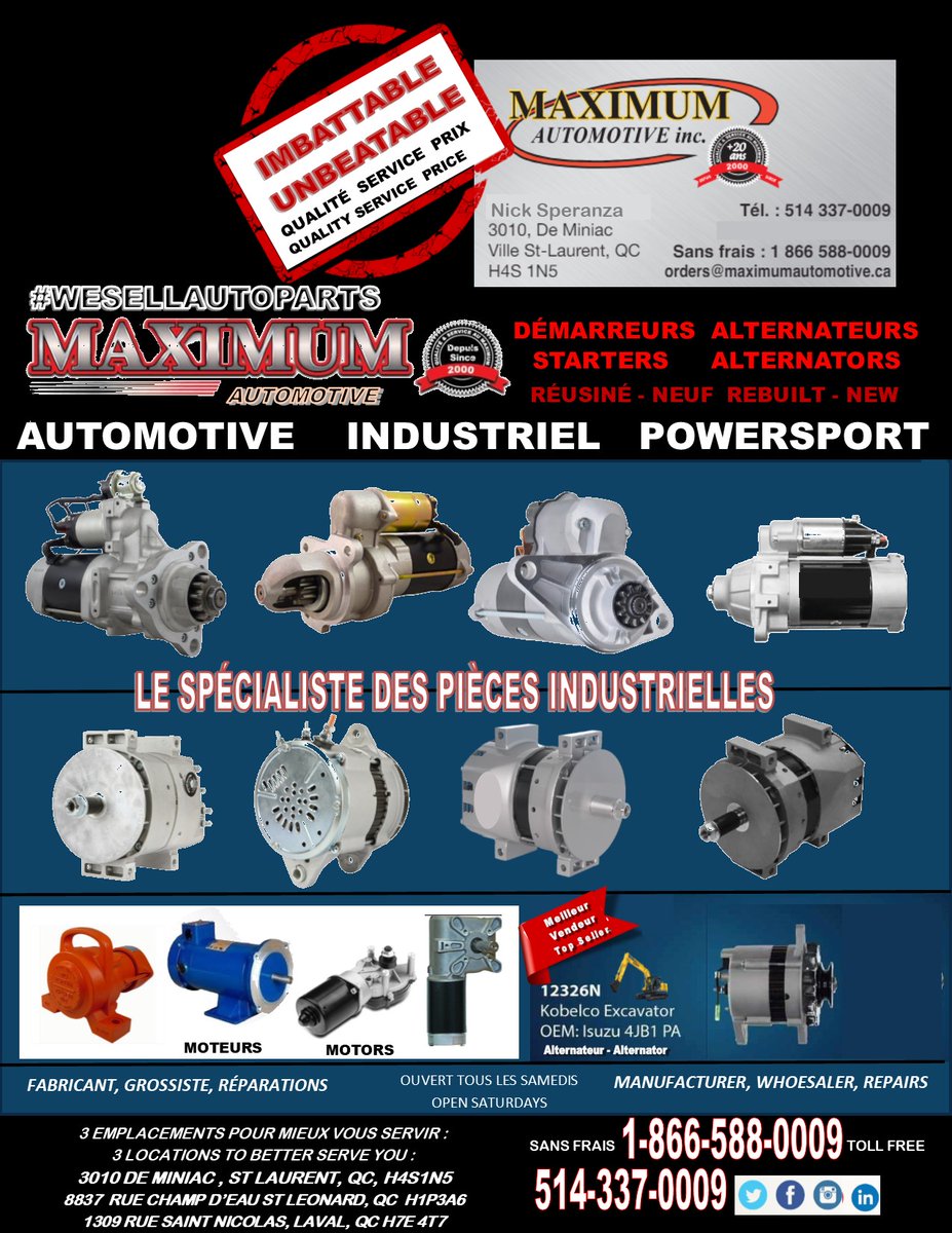 MAXIMUMAUTO's tweet photo. Available at 3 pick up centers in the Greater #Montreal #Quebec Area #wesellautoparts 
📍3010 De Miniac,St-Laurent, H4S1N5 
📍8837 Rue du Champ-d'Eau,St Leonard, H1P 2Y8 
📍1309 Rue Saint Nicolas,Laval,H7E 4T7Y           
 Your fleet maintenance starts here @MAXIMUMAUTO https://t.co/0jYEwDETBD