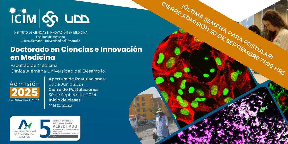 ¡Ú𝗹𝘁𝗶𝗺𝗼𝘀 𝗱í𝗮𝘀 𝗽𝗮𝗿𝗮 𝗽𝗼𝘀𝘁𝘂𝗹𝗮𝗿!📣𝗖𝗶𝗲𝗿𝗿𝗲 𝗮𝗱𝗺𝗶𝘀𝗶ó𝗻 2025 𝗹𝘂𝗻𝗲𝘀 𝟯𝟬 𝗱𝗲 𝘀𝗲𝗽𝘁𝗶𝗲𝗺𝗯𝗿𝗲 𝟭𝟳:𝟬𝟬 𝗵𝗿𝘀 🗓

¡Conócenos! 👉 acortar.link/WelAL3

<a href="/UDD_cl/">UDD</a> <a href="/UDD_FM/">Facultad de Medicina CAS UDD</a> <a href="/ICIMUDD/">Instituto de Ciencias e Innovación en Medicina</a>
