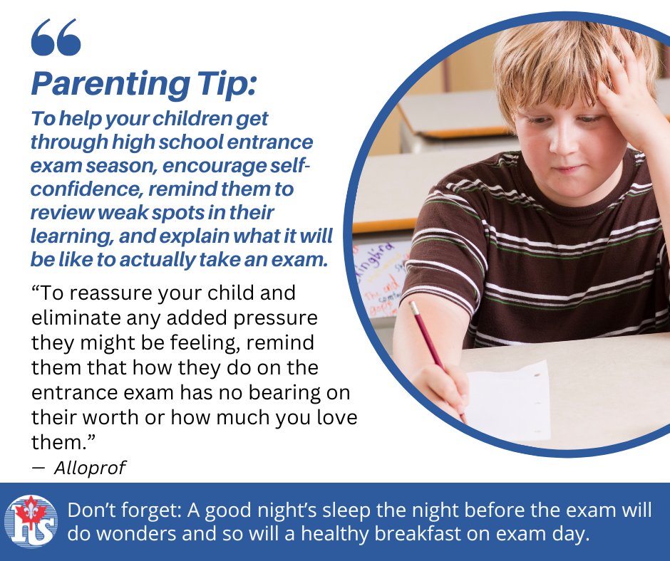 qfhsa's tweet photo. High school entrance exam season is upon us. 
Alloprof is here to help with some great tips for parents. Learn everything from how to help your child manage exam anxiety, review concepts, and feel ready for exam day: https://t.co/0bd882Tpto https://t.co/2RlBTYuLaK