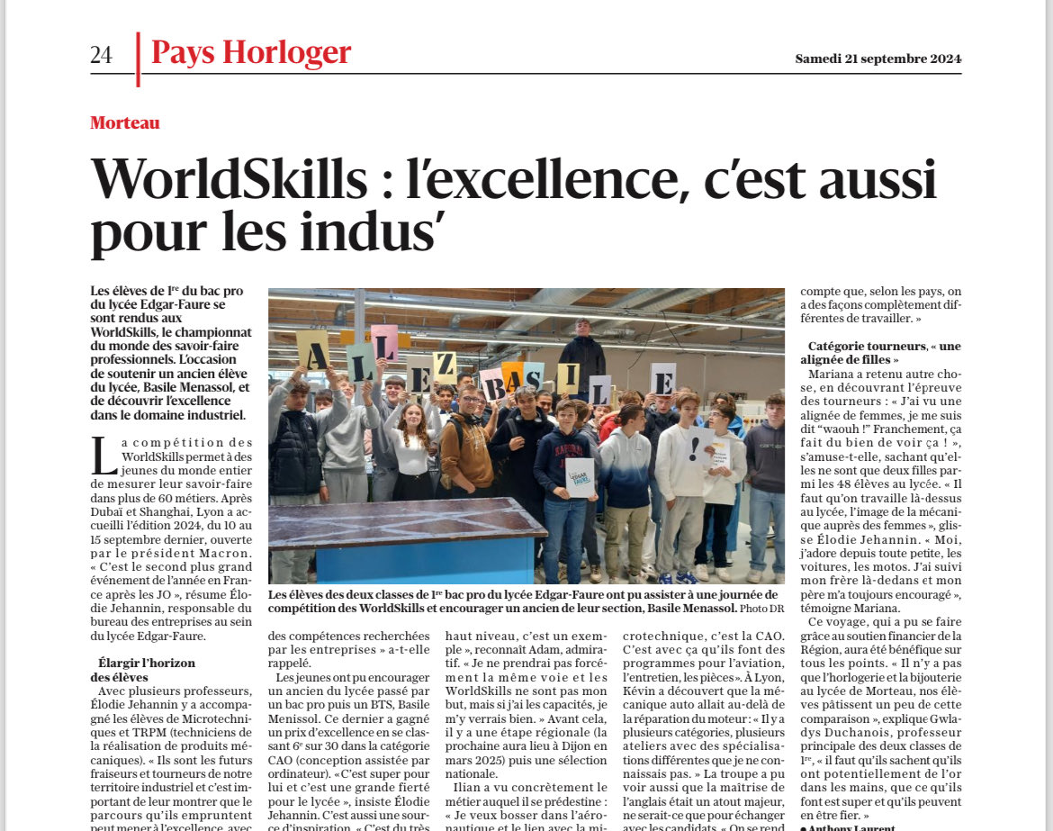 #worldskills suite. Un article de ⁦<a href="/LEstRepHtDoubs/">L'Est Républicain Pontarlier Haut-Doubs</a>⁩ relatant la visite de nos élèves à ce championnat mondial. Inspirant ! #ambitionscolaire