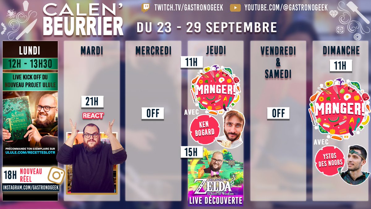 Voici le Calen'beurrier de la semaine :
- Lundi 18h, nouveau réel sur Insta et Tik Tok
- Mardi, 21h, soirée React
- Jeudi à 11h c'est MANGER! avec @<a href="/KenBogard/">Ken Bogard</a>. À 15h c’est The Legend of Zelda: Echoes of Wisdom.
- Dimanche dès 11h, MANGER! avec <a href="/YstosNoob/">Mathieu Zecchini</a>
Une semaine très fun !