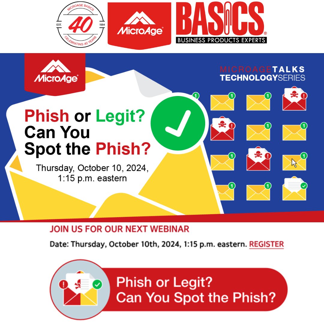 MicroageG's tweet image. Join us for our next WEBINAR &quot;Phish or Legit&quot;?  Can you spot the Phish and protect your systems?  The MicroAge Talk Technology Series.  #microagebasics 
campaigns.microage.ca/spotthephish/r…