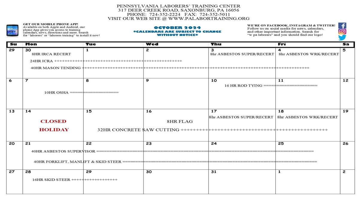 The October calendar is now out. Train-up to advance your career! Classes this month include: OSHA, Concrete Saw Cutting, Asbestos Supervisor, Forklift, &amp; Skid Steer. Call now to schedule! 724-352-2224

palabortraining.org