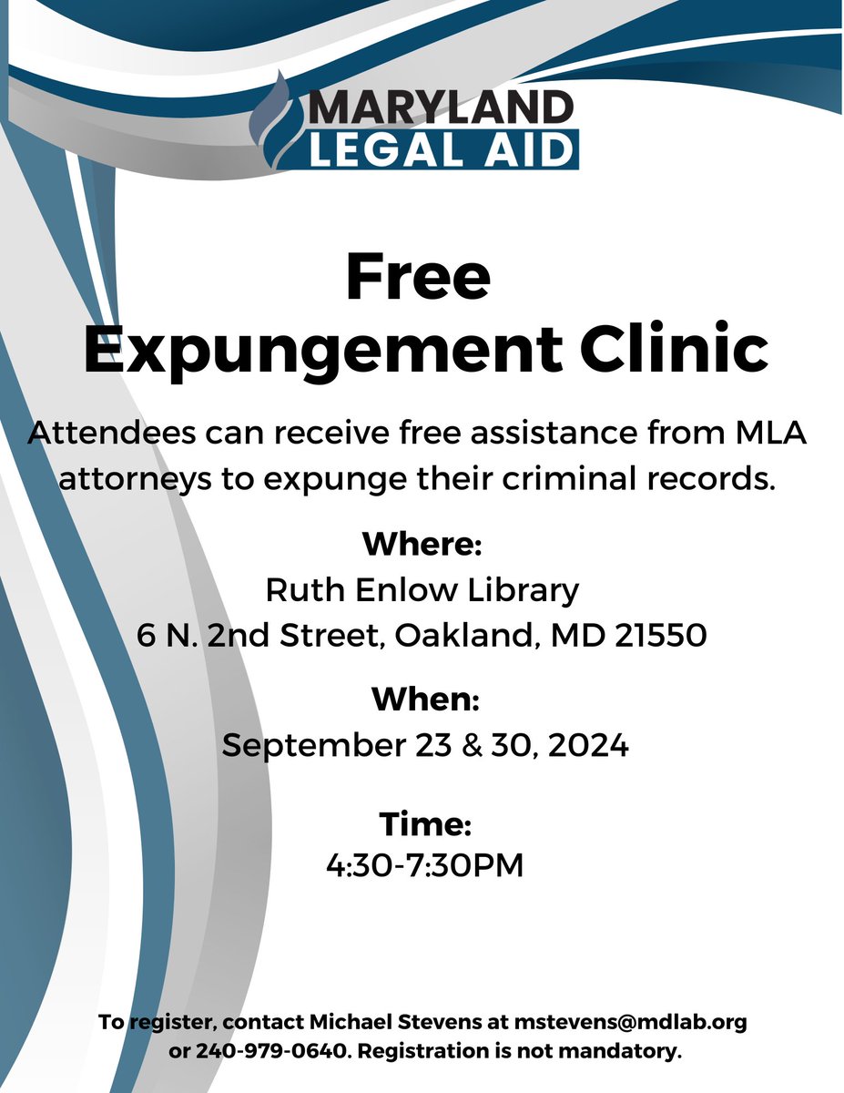 MDLegalAid's tweet photo. Need help clearing your record but can't make it during the day? Attend our special evening expungement clinic! Receive expert legal advice and take the first step toward a fresh start. #MarylandLegalAid #Expungements https://t.co/JvQw5onVKe