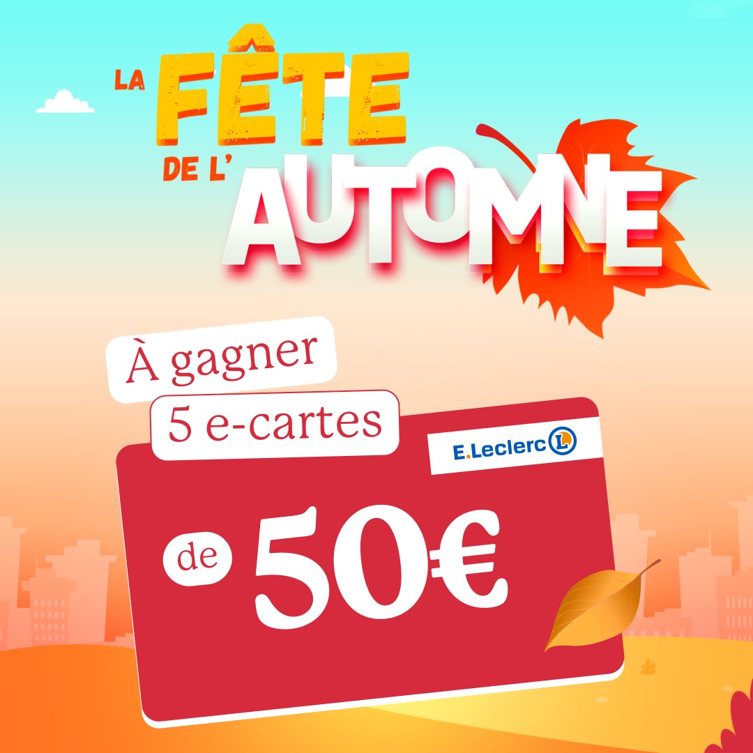 ✨ 𝐉𝐄𝐔-𝐂𝐎𝐍𝐂𝐎𝐔𝐑𝐒 ✨

Le 1/10 sur E.Leclerc DRIVE, aura lieu "La fête de l’automne" 
Pour fêter cela en avant 1 ère tentez de gagner 5 x 50 € en e-cartes cadeaux !
Pour jouer : commentez avec un émoji automne.
TAS des 5 gagnants le 30/09. 🍀

#JEUCONCOURS