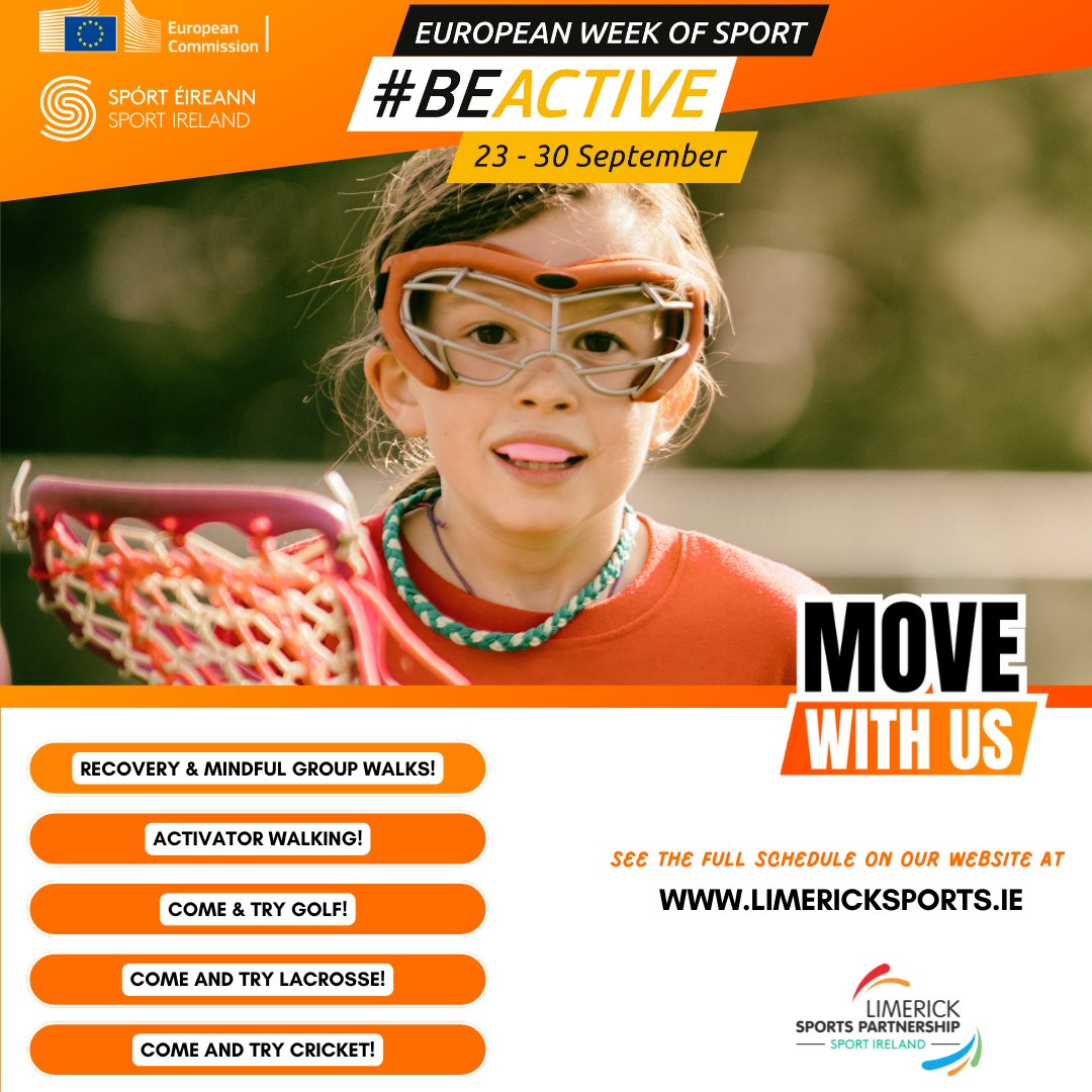 Welcome to European Week Of Sport! 🙌

We have lots of fun events lined up for you to try!

Schedule of events: limericksports.ie/european-week-…

<a href="/Limerick_ie/">Limerick.ie</a> <a href="/sportireland/">Sport Ireland</a> <a href="/HealthyLimerick/">Healthy Limerick</a> <a href="/UL/">University Of Limerick</a>
#MoveWithUs #ActiveLimerick