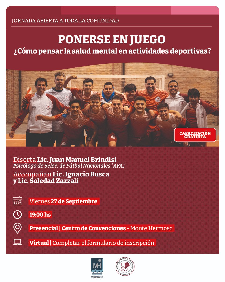 upsouniversidad's tweet photo. Ponerse en juego
¿Cómo pensar la salud mental en actividades deportivas?🧠

🗣 Diserta: Lic. Juan Manuel Brindisi - Psicólogo de la Selección de Fútbol Nacionales (AFA)
💻 Virtual: https://t.co/58fHETJ2b7
✅ Jornada abierta a toda la comunidad

Consultas: bienestarupso@gmail.com https://t.co/i1aegaXMdG