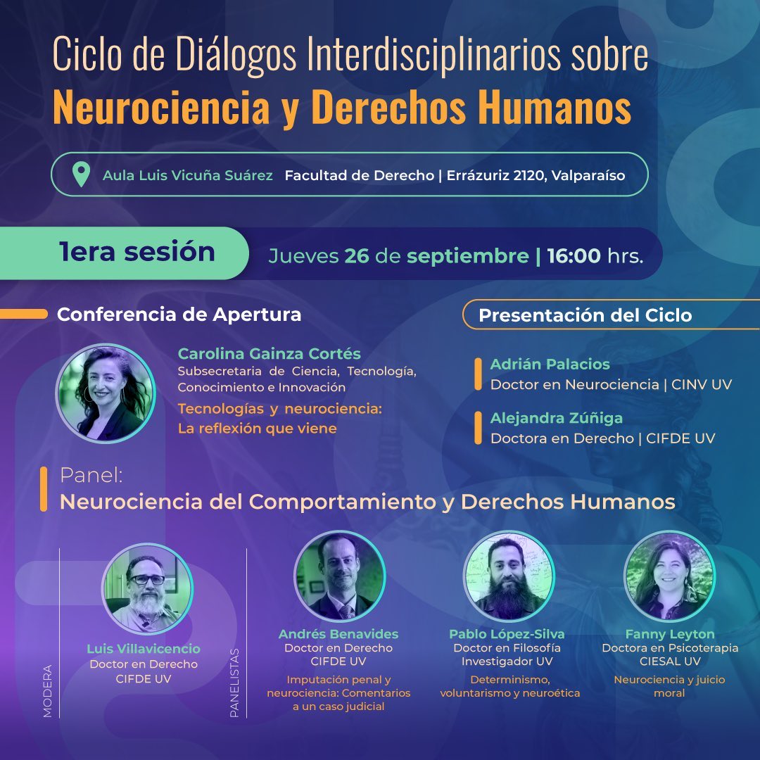 Este jueves  26 tendremos la sesión inaugural con una conferencia de la Subsecretaria de Ciencias y el primer panel de este ciclo de conversatorios interdisciplinarios . Luego de ello les extendemos la invitación para disfrutar un café en la Escuela de Derecho  UV