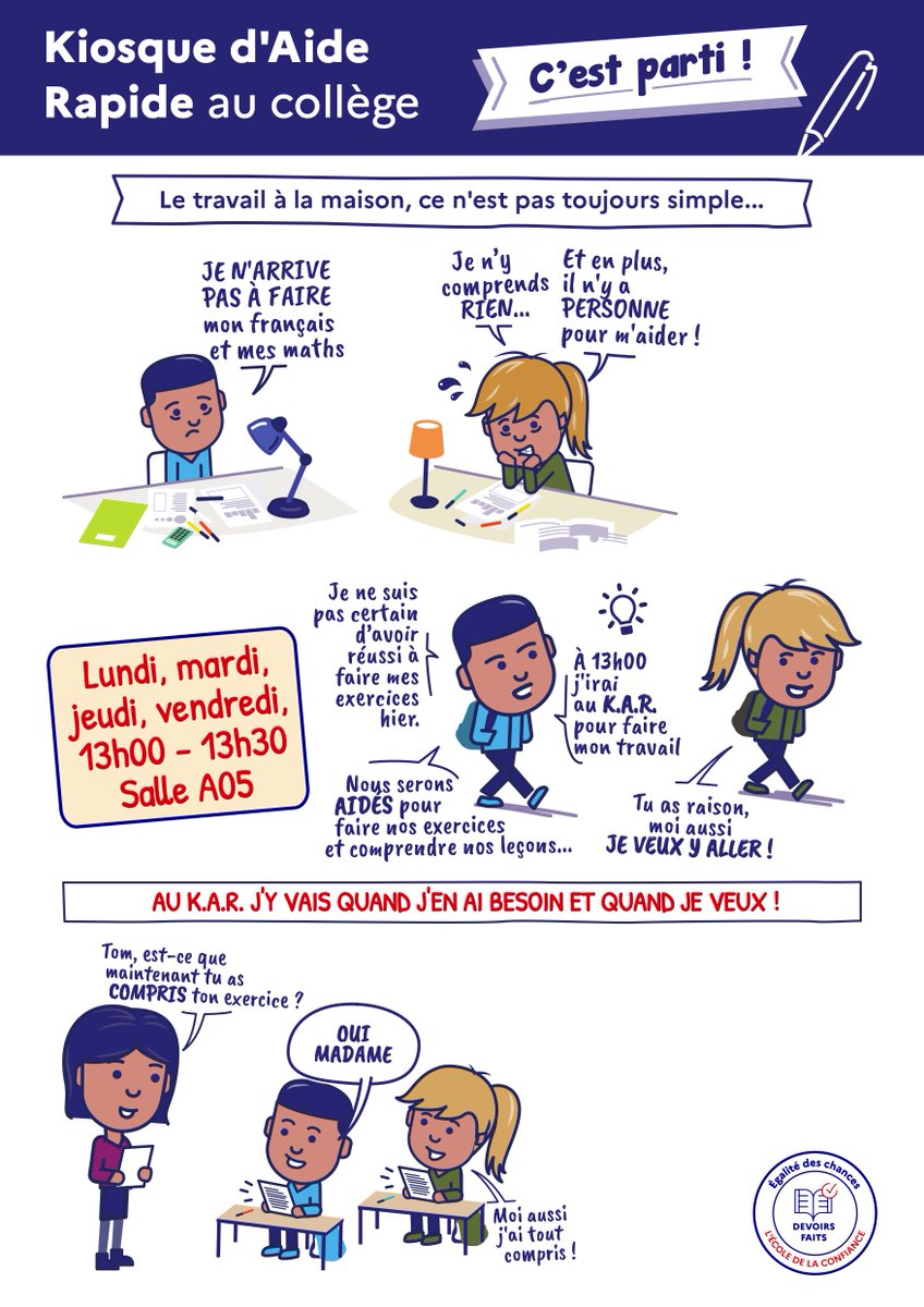 Le dispositif KAR - Kiosque d'Aide Rapide est relancé au collège ! 
Tous les jours, une aide ponctuelle pour les élèves volontaires encadrés par des professeurs
#DevoirsFaits