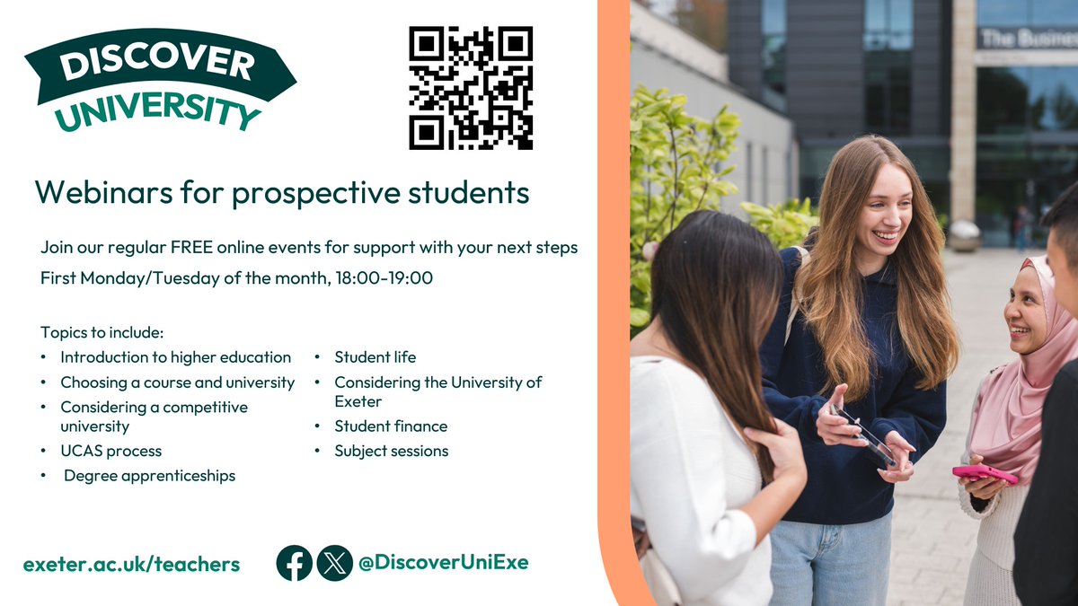 Two weeks until our first Discover University webinar of the academic year! This free session will give students an introduction to higher education and will take place on Monday 7 October 18:00-19:00. To book this and future sessions, head to: exeter.ac.uk/study/undergra…