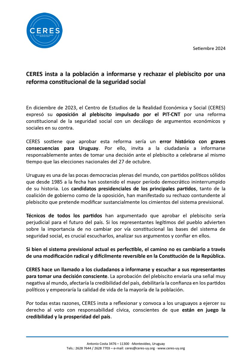 📢 CERES insta a la población a informarse y rechazar el #plebiscito por una reforma constitucional de la seguridad social.