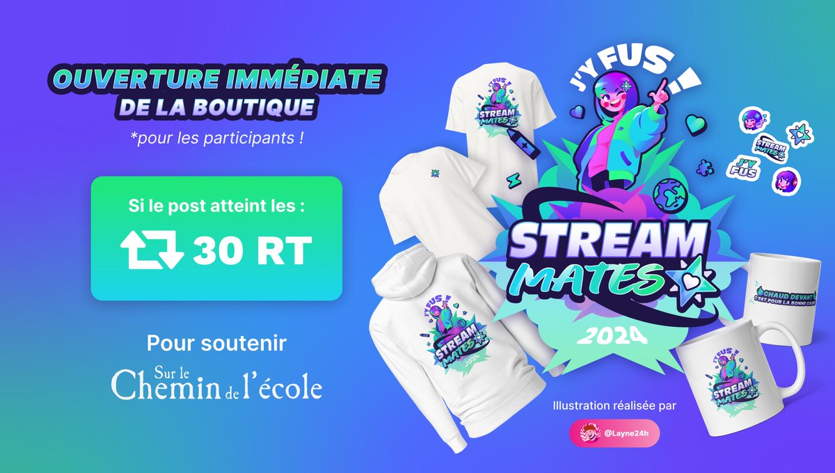 🥳La Boutique solidaire StreamMates arrive ! 

Disponible en avance aux streamer.euse.s participant.e.s👥 

🔁Objectif -&gt; 30 RT
Pour une ouverture immédiate !

🐱Objectif bonus -&gt; 100 RT
Une emote chat exclusif StreamMates

Pour l'association <a href="/AssociationSLCE/">Association SUR LE CHEMIN DE L'ÉCOLE</a>