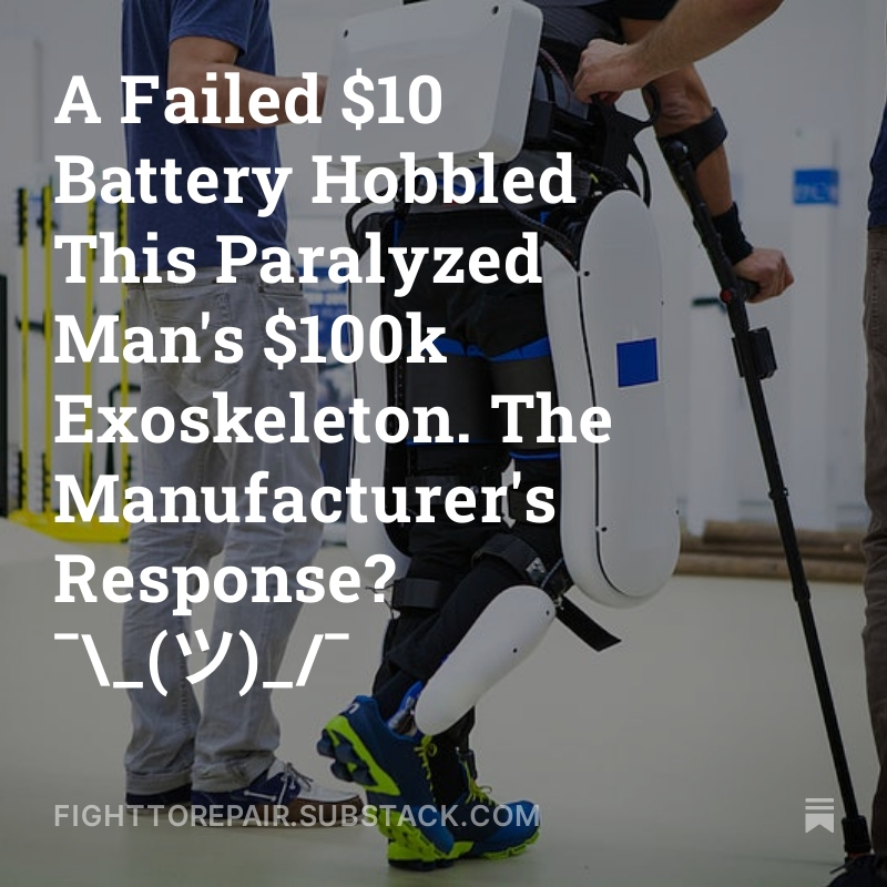 Fight to Repair News (@f2rnews) on Twitter photo This week: read about jockey <a href="/MichaelStraig10/">Michael Straight</a> 's (successful) struggle to get the exoskeleton maker <a href="/golifeward/">Lifeward</a> to fix an issue with a smartwatch that hobbled his $100k exoskeleton. Also: #righttorepair news from <a href="/paulickreport/">Paulick Report</a> <a href="/CNBC/">CNBC</a> <a href="/mashable/">Mashable</a> <a href="/WIRED/">WIRED</a> <a href="/MacRumors/">MacRumors.com</a> <a href="/TechAdvisorHQ/">Tech Advisor</a> This week: read about jockey <a href="/MichaelStraig10/">Michael Straight</a> 's (successful) struggle to get the exoskeleton maker <a href="/golifeward/">Lifeward</a> to fix an issue with a smartwatch that hobbled his $100k exoskeleton. Also: #righttorepair news from <a href="/paulickreport/">Paulick Report</a> <a href="/CNBC/">CNBC</a> <a href="/mashable/">Mashable</a> <a href="/WIRED/">WIRED</a> <a href="/MacRumors/">MacRumors.com</a> <a href="/TechAdvisorHQ/">Tech Advisor</a>