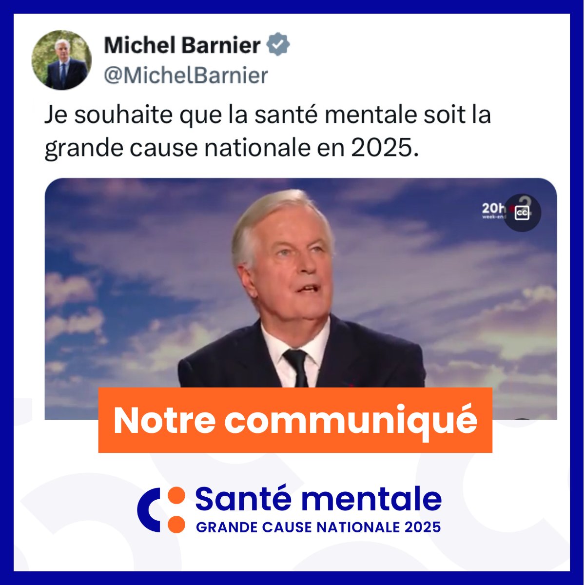 Collectif Santé mentale - Grande cause nationale (@santementalegc) on Twitter photo 🗣️Le Premier ministre <a href="/MichelBarnier/">Michel Barnier</a> souhaite faire de la #SantéMentale, la #Grandecause pour 2025 : le collectif citoyen dédié <a href="/SanteMentaleGC/">Collectif Santé mentale - Grande cause nationale</a> appelle à poursuivre la mobilisation !
📄Notre communiqué : bit.ly/4eeSaMR
#santémentale2025 #GCN2025 🗣️Le Premier ministre <a href="/MichelBarnier/">Michel Barnier</a> souhaite faire de la #SantéMentale, la #Grandecause pour 2025 : le collectif citoyen dédié <a href="/SanteMentaleGC/">Collectif Santé mentale - Grande cause nationale</a> appelle à poursuivre la mobilisation !
📄Notre communiqué : bit.ly/4eeSaMR
#santémentale2025 #GCN2025