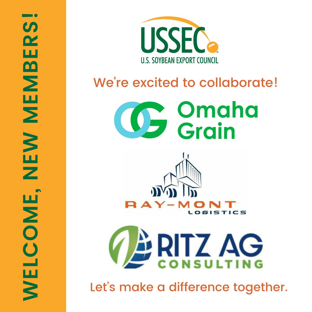 🤝 🌱 Welcome aboard, new USSEC members Omaha Grain, Ray-Mont Logistics and Ritz Ag Consulting.

🚢 🌎 We’re excited to have you join our global organization dedicated to differentiating and elevating preference for #USSoy around the world.

#USExports