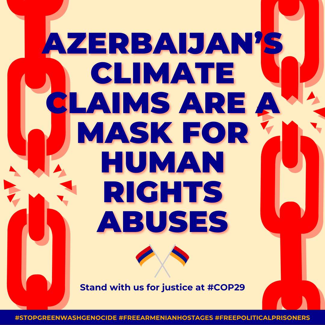 As #COP29 approaches, we call out the hypocrisy: a country that preaches climate action while holding 23 Armenian hostages and hundreds of political prisoners. We must act before it’s too late. #StopGreenwashGenocide #FreeArmenianHostages