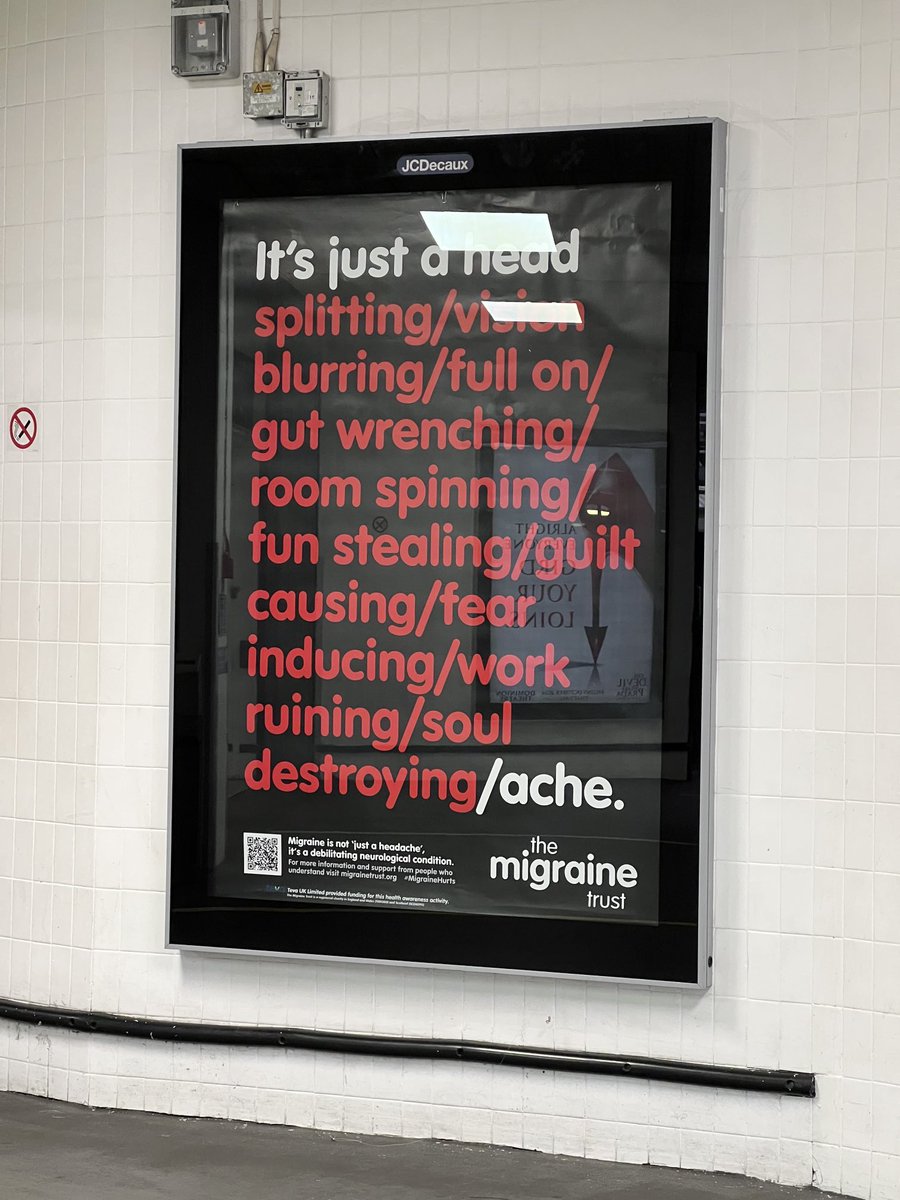 Excited to see our poster at Euston station on the way back from doing ⁦<a href="/BBCBreakfast/">BBC Breakfast</a>⁩. Much to do to increase awareness of #migraine &amp; that it isn’t just a headache! #MigraineAwarenessWeek ⁦<a href="/MigraineTrust/">The Migraine Trust</a>⁩