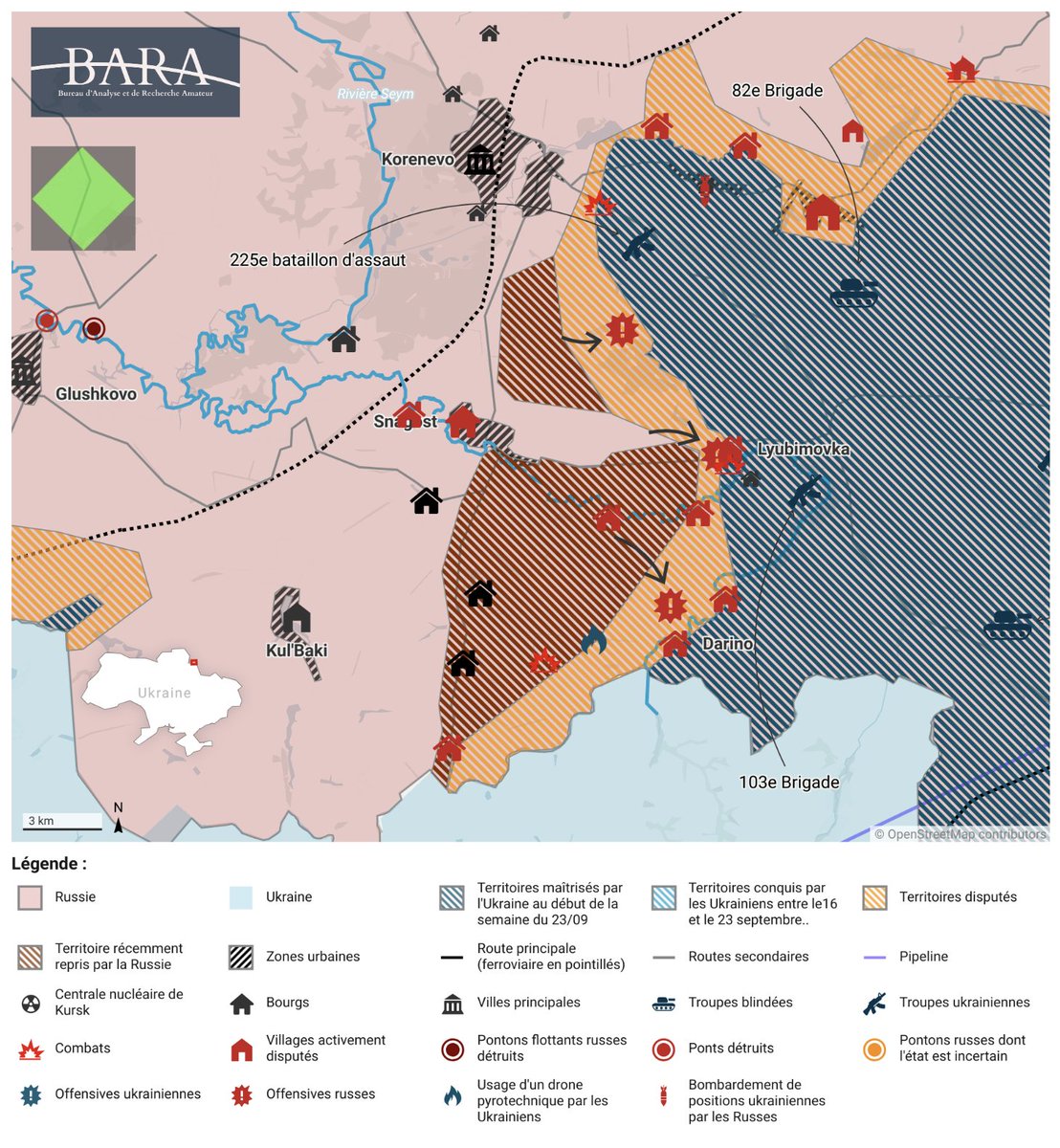 barathinktank's tweet image. [🇺🇦🇷🇺] Koursk :
❗️Nouvelles cartes❗️La Russie poursuit son offensive sur le front ouest de Kursk. Ses gains s'élèveraient à ± 200 km2, l'Ukraine n'en maîtriserait ainsi plus que 800. Retrouvez l'analyse de l'ami @Cest__Carre prochainement.
#mondaymap