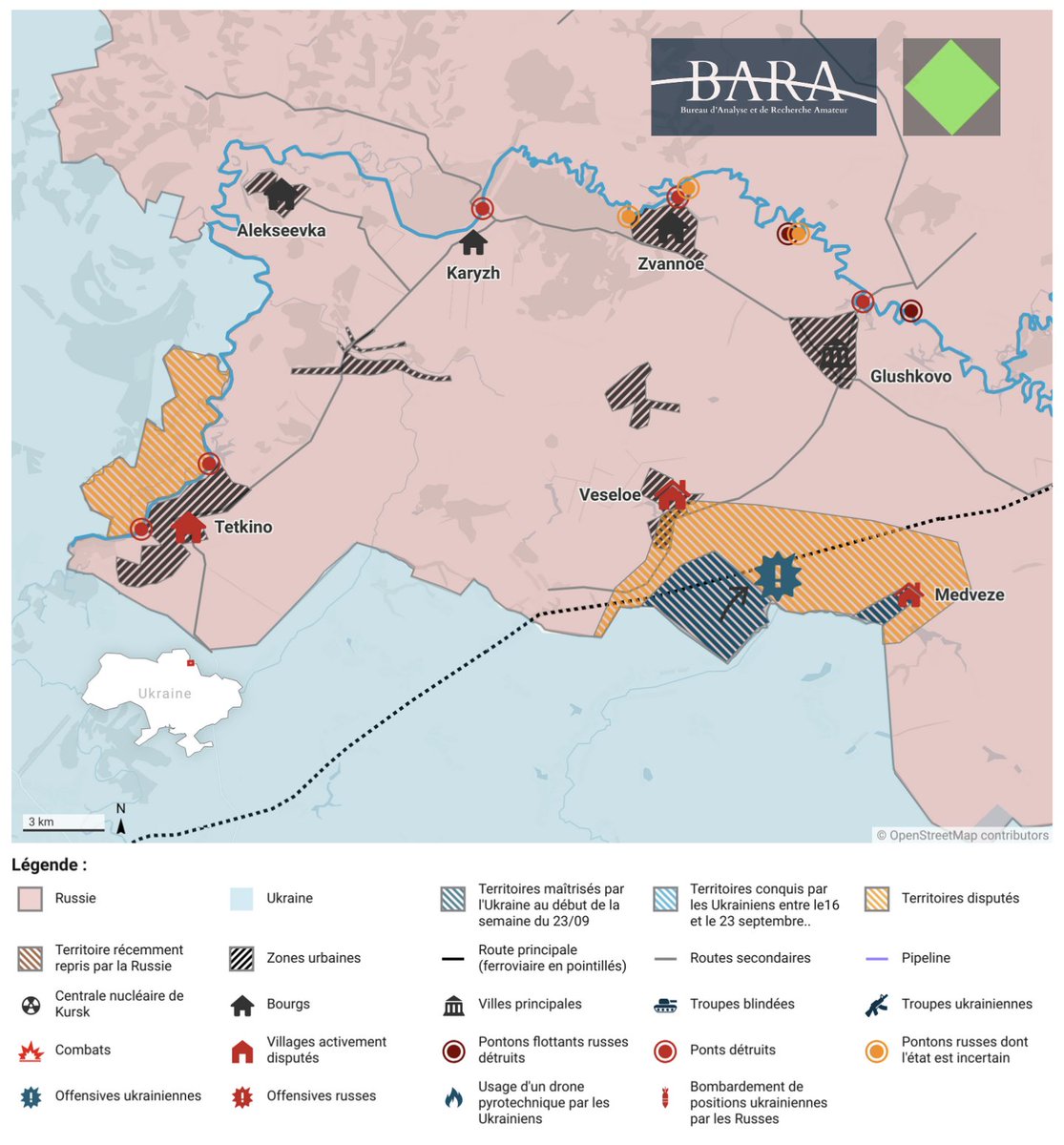 barathinktank's tweet image. [🇺🇦🇷🇺] Koursk :
❗️Nouvelles cartes❗️La Russie poursuit son offensive sur le front ouest de Kursk. Ses gains s'élèveraient à ± 200 km2, l'Ukraine n'en maîtriserait ainsi plus que 800. Retrouvez l'analyse de l'ami @Cest__Carre prochainement.
#mondaymap