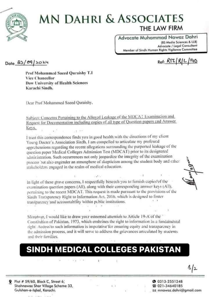 ZohaibAhmedMah2's tweet photo. Legal Notice to DOW University ( Duhs ) Regarding paper leakage and request to upload MDCAT 2024 paper publicly.
For More information Contact Dr Mehboob Noonari ( YDA Chairman ) and YDA team members.
#reconduct
#Mdcat
#sindh
#pakistan
#leak https://t.co/36vBH784Is