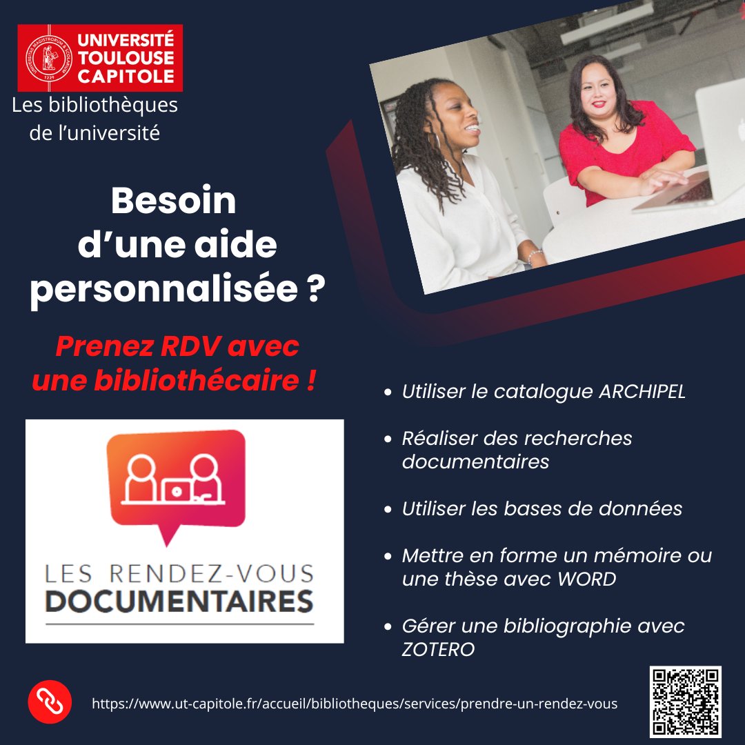 [RDV doc] Besoin d'un coup de pouce pour identifier les bases de données dans sa discipline,  utiliser #Zotero, mettre en forme sa thèse avec #Word... Prenez RDV avec une bibliothécaire
👍ut-capitole.fr/accueil/biblio…