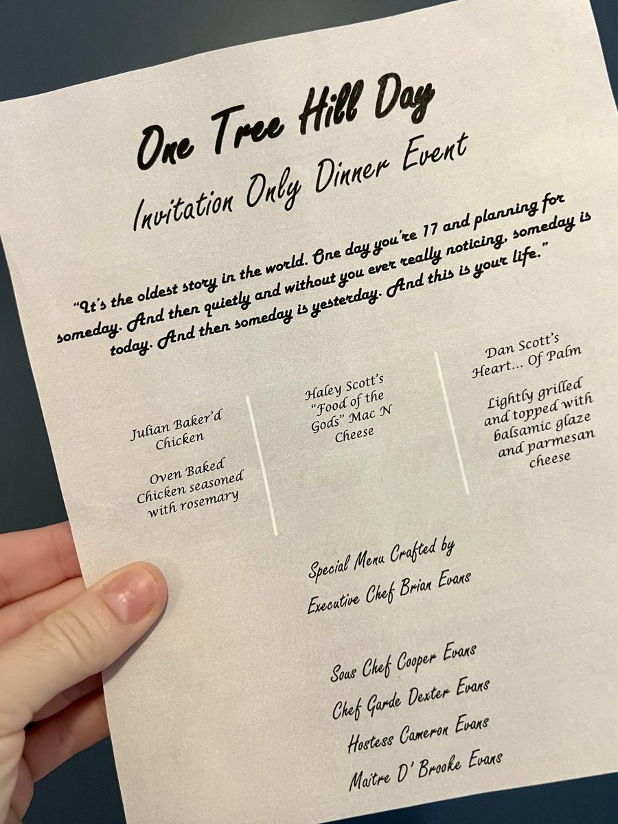 helloalievans's tweet photo. In honor of #OTHday I would like to remind everyone that my perfect husband once prepared an “invitation only” OTH themed dinner for me.
Julian Baker’d chicken, Haley Scott’s food of the gods mac & cheese and Dan Scott’s heart of palm all got five stars.
My husband gets 10 ⭐️ https://t.co/XjhxAKkr6m