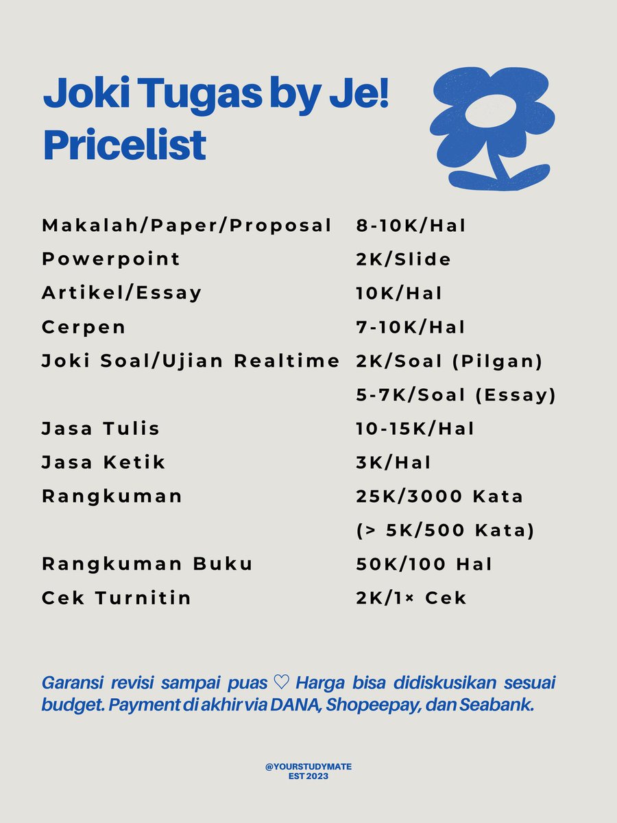 projebct's tweet photo. Pusing tugas numpuk &amp; deadline mepet? Joki Tugas by Je, solusinya! 

Makalah 🤍
Jurnal 🤍
Artikel 🤍
Essay 🤍
Parafrase 🤍
PPT 🤍
Jasa Tulis 🤍
Jasa Ketik 🤍
Rangkuman 🤍
Cerpen 🤍
Laprak 🤍
Ujian Realtime 🤍
Turnitin 2K 🤍
dsb.

Testimoni cek #TestinyaJe ✔️ #jokitugas #zonatugas https://t.co/nEgWZ008Pb