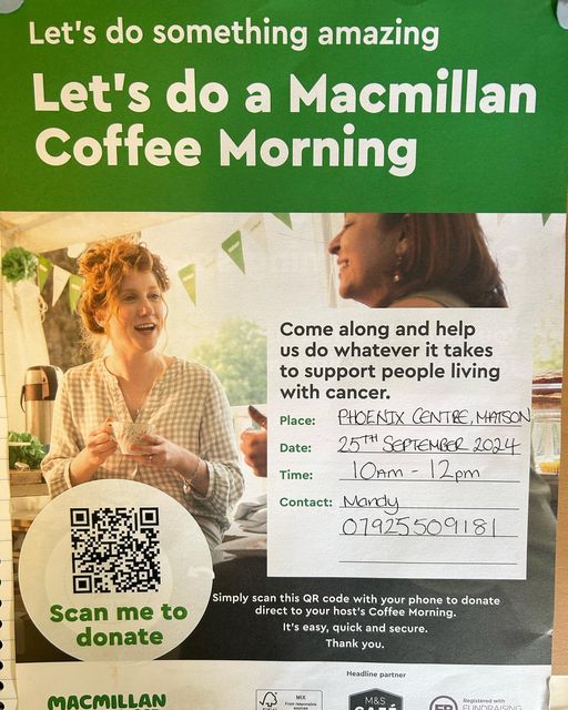 Come &amp; join us for a hot or cold drink with cake for our Macmillin morning at the Phoenix centre. 25th of September 10am - 12pm. We look forward to seeing you all☺️