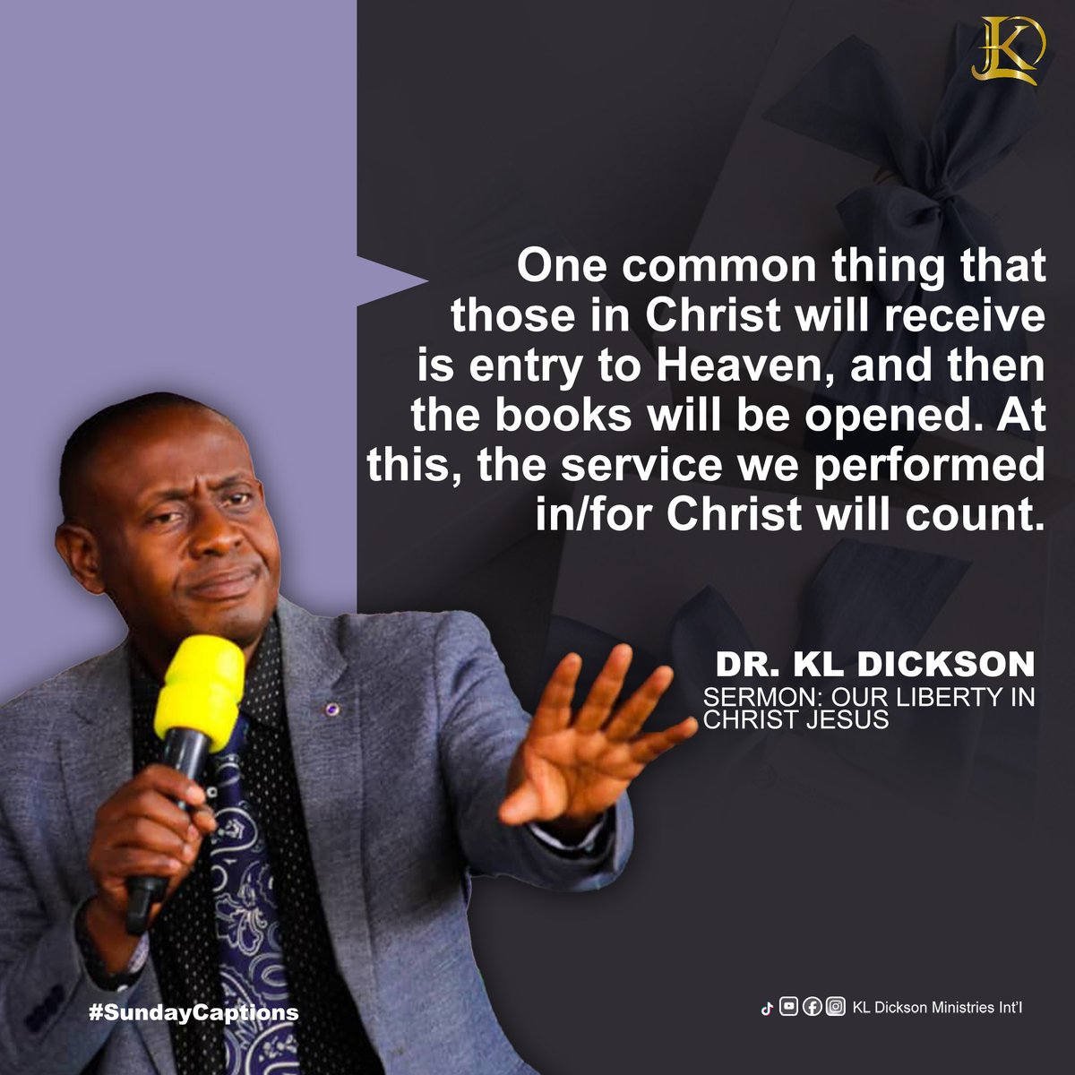 kl_dickson's tweet photo. One common thing that those in Christ will receive is entry to Heaven, and then the books will be opened. At this, the service we performed in/for Christ will count.
Dr. KL Dickson
#OurLibertyInChrist
#UnderstandingSalvation
#GoodnessAndMercy https://t.co/zU1oZnTLMn