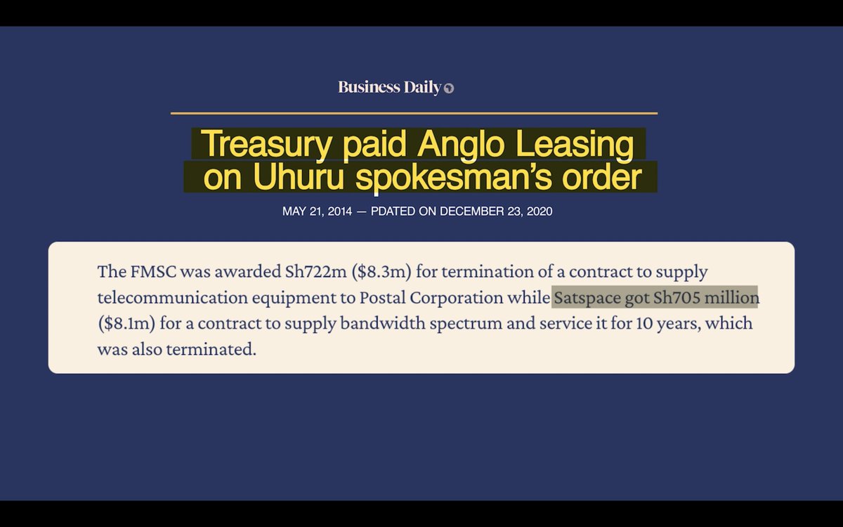 AfUncensored's tweet photo. In 2014, the Kenyan government paid Sh. 705 million to Universal Satspace, a Delaware-registered company, following a lawsuit the firm had filed in London over a longstanding contract dispute. This payment, the Government said, was necessary to facilitate further borrowing in the form of a Eurobond. #AngloLeasing