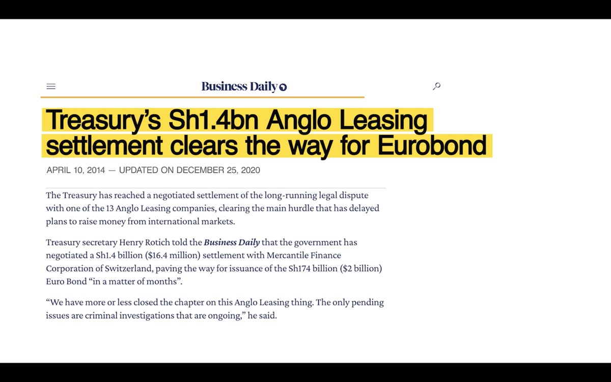 AfUncensored's tweet photo. In 2014, the Kenyan government paid Sh. 705 million to Universal Satspace, a Delaware-registered company, following a lawsuit the firm had filed in London over a longstanding contract dispute. This payment, the Government said, was necessary to facilitate further borrowing in the form of a Eurobond. #AngloLeasing