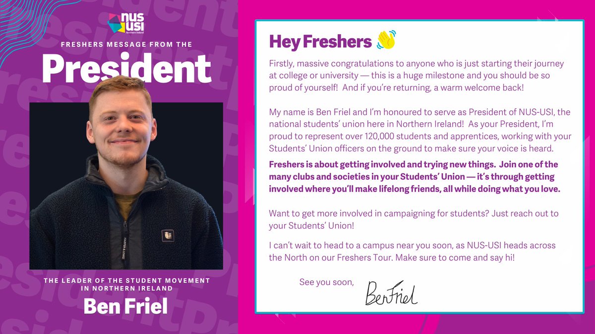 Hello Freshers 👋 🎉 Whether you're starting a new chapter at college or university, or returning, here's a message from our President Ben Friel 👋👋

#Freshers2024 #Freshers #StudentLife #NUSUSI #StudentActivism #StudentsUnion #SU