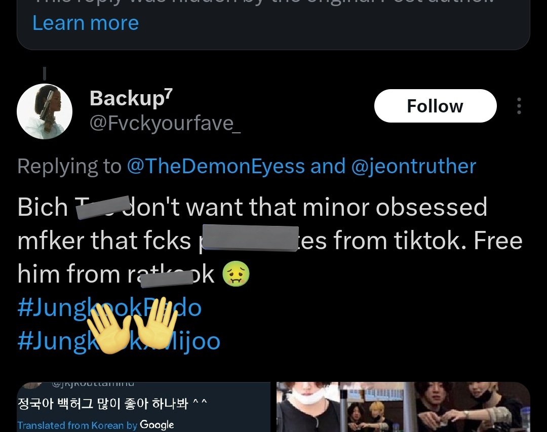 protectforjjk's tweet image. ⚠️ REPORT AND BLOCK 🐰 ANTIS 

under targetted harrasment and glorification of violence 

🔗x.com/Fvckyourfave_?…
🔗x.com/TaetaeWantTata…
🔗x.com/ssourener?t=9t…
🔗x.com/blondeminss?t=…