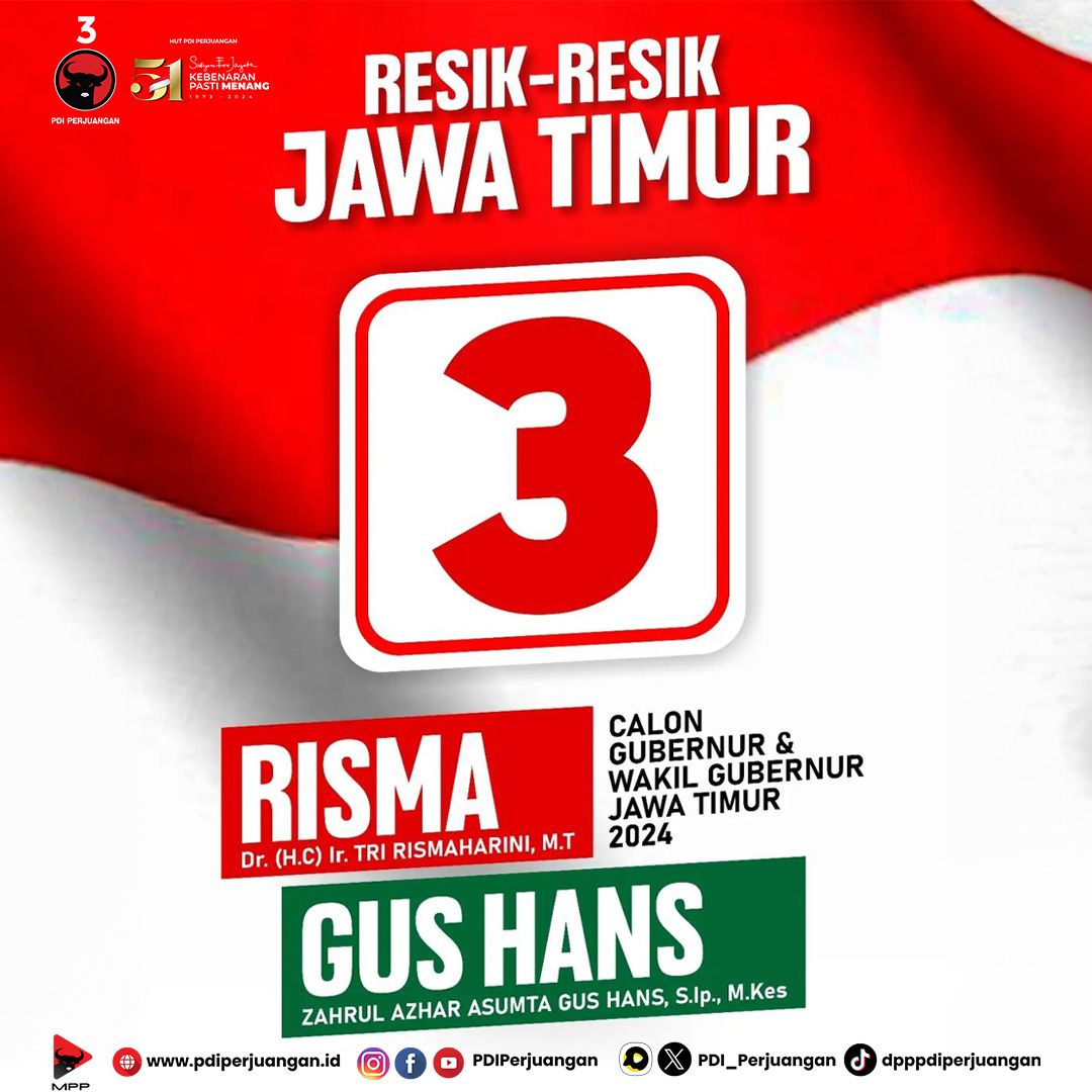 PDI_Perjuangan's tweet photo. Pasangan calon Gubernur dan Wakil Gubernur Jatim Tri Rismaharini dan Zahrul Azhar Asumta menerima nomor urut tiga, pada pengundian nomor urut Pilgub Jatim 2024. Pengundian nomor urut dilaksanakan di Hotel Mercure Mirama Surabaya, Senin (23/9/2024) siang. 

Tri Rismaharini menghimbau semua pihak untuk menjaga pelaksanaan Pilkada Jatim agar berjalan lancar dan adil.

"Pilkada hari ini akan menentukan bukan hanya proses demokrasi tapi akan menentukan nasib seluruh warga se Jawa Timur, saya mohon dengan hormat seluruhnya saja yang menyelenggarakan, proses demokrasi ini bisa kita laksanakan tugas dengan sebaik-baiknya. Mari kita jaga supaya proses demokrasi ini berjalan baik dan benar," ujarnya.

Sementara, Zahrul Azhar Asumta Gus Hans mengaku beruntung mendapat nomor urut 3 pada pemilihan kepala daerah (Pilkada) Jawa Timur karena mudah diingat.

"Nomor tiga sama dengan nama bu Risma mudah-mudahan ini cara Allah untuk mengingatkan orang-orang, gampang mengingat nomor 3," kata Gus Hans saat sambutan pada rapat pleno terbuka pengundian dan penetapan nomor urut pemilihan gubernur Jawa Timur di Surabaya, Senin.

#PDIPerjuangan
#MenangkanRakyat
#SatyamEvaJayate
#KebenaranPastiMenang
#SolidBergerak
#Pilkada2024